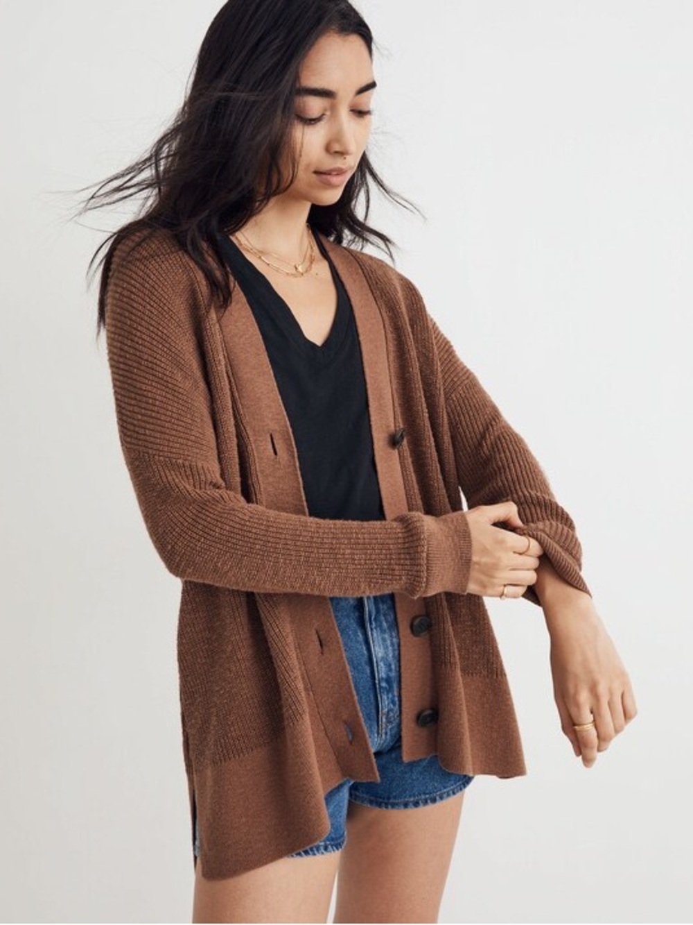 Madewell Stable Brown Blank Cotton Ribbed Knit Lovell Cardigan Sweater L